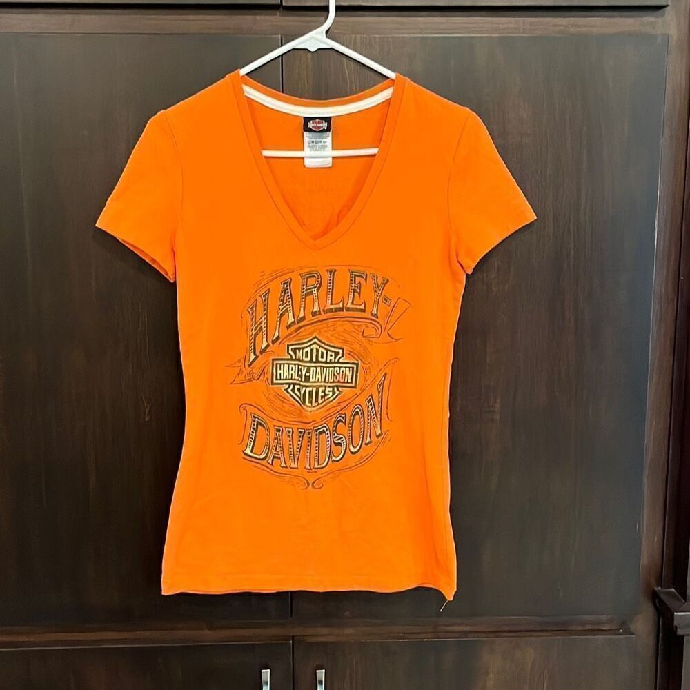 Harley‎ Davidson Orange V-Neck Ladies T-Shirt Size Small
